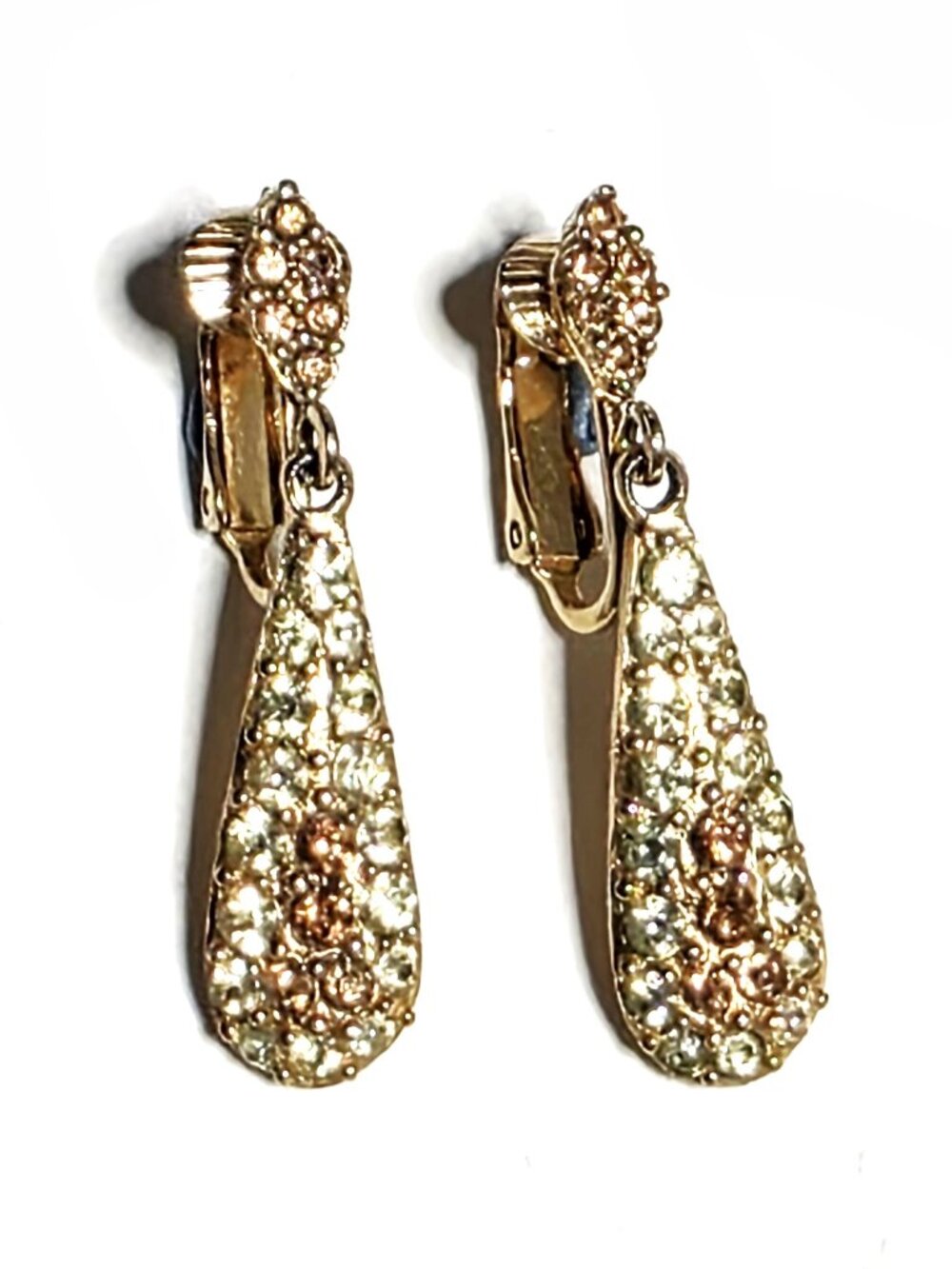 Signed gold rhinestone teardrop clip on earrings
